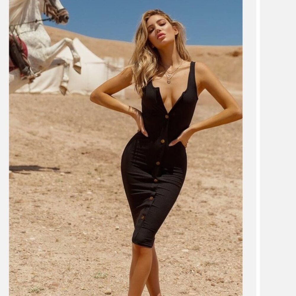 NWT PrettyLittleThing Black Ribbed Button Detail Midi Dress- 10